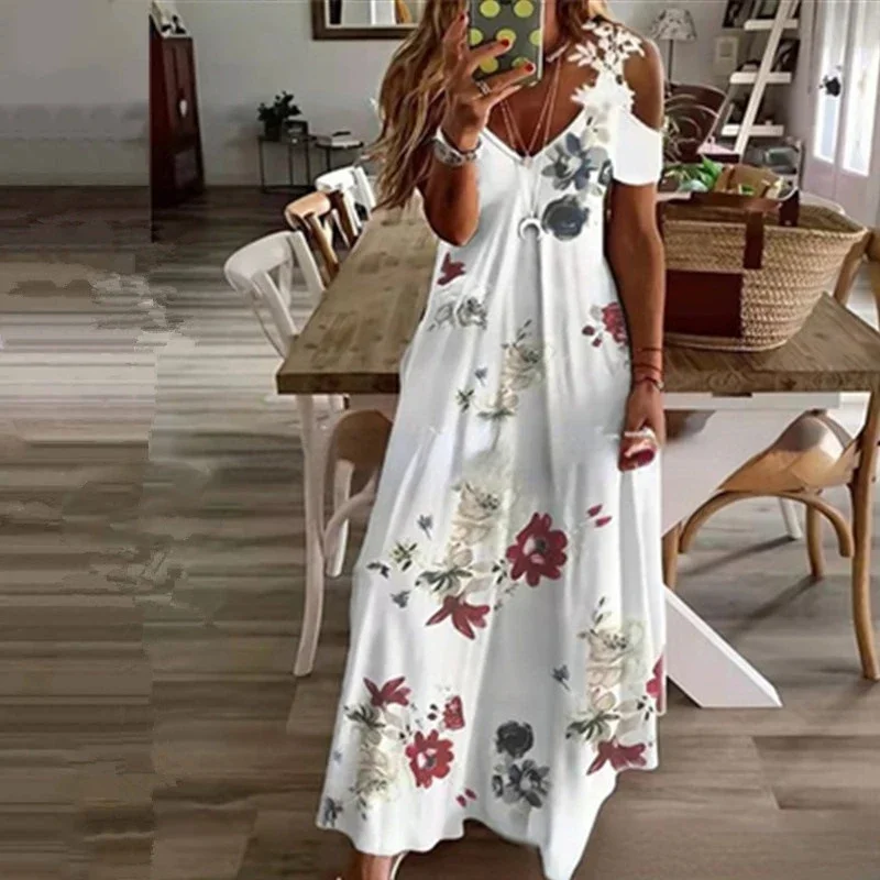 Women's Printed White Lace Sleeveless Suspender Dress Summer Fashion Casual Long Dress - Image 5