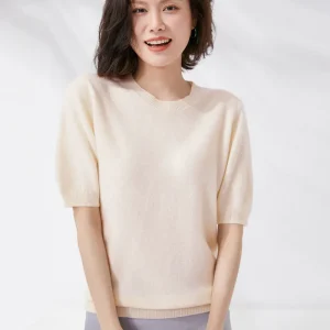 Spring and Summer New Short-sleeved Women O-neck Slim Wool Cotton Blend Pullover Vest T-shirt Knitted Base Sweater