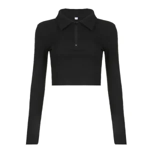 Women's T-shirt Autumn New Black Long Sleeves Crop Top Casual Fashion Zippers T-shirt Lady Turn-down Collar Sexy Tops Clothing