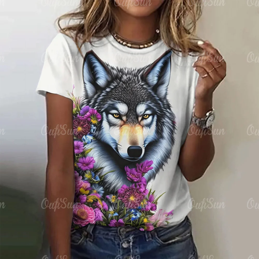 New T-shirt For Women Wolf Print Tees O Neck Loose Short Sleeve Blouse Female Fashion Animal Graphic Tops Harajuku Streetwear - الصورة 18