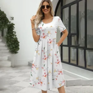 2024 Europe and the United States summer new women's fashion elegant printed round neck short sleeve zipper dress
