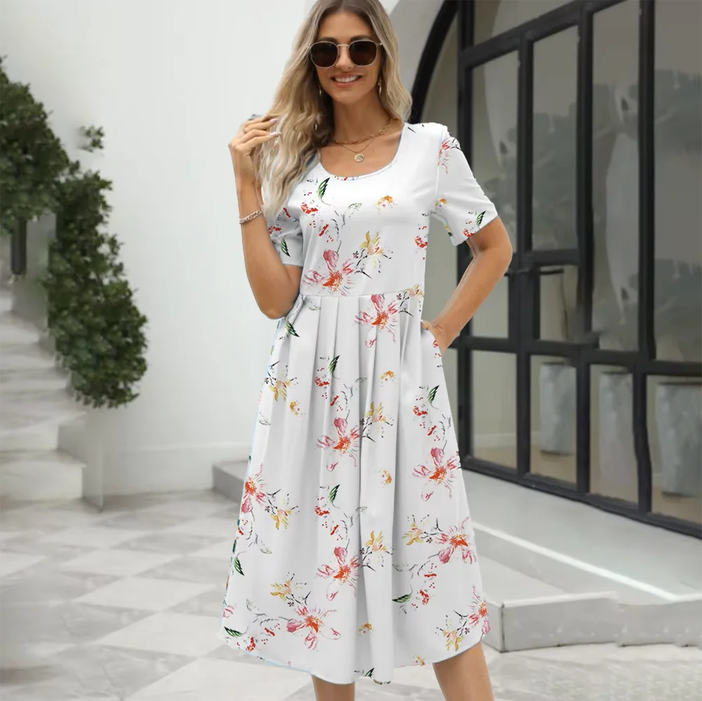 2024 Europe and the United States summer new women's fashion elegant printed round neck short sleeve zipper dress - Image 4