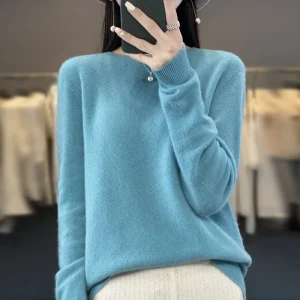 100% Merino solid color sweater ladies autumn and winter new solid color O-neck long sleeve warm fashion loose knit sweater