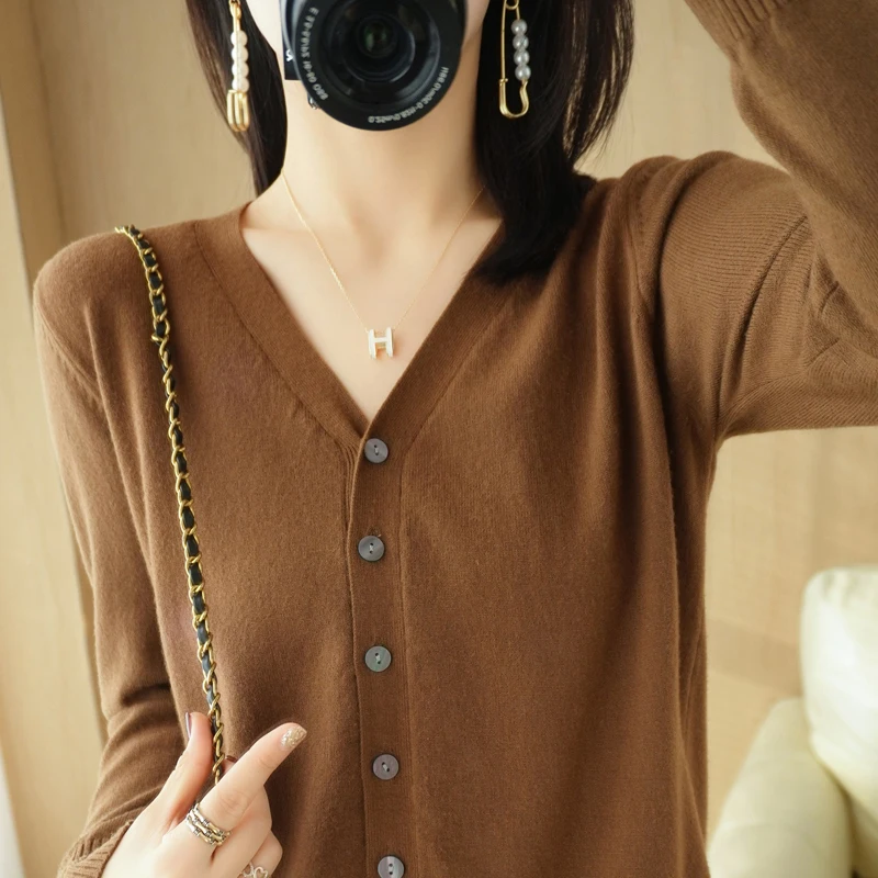 Early Autumn New Andy Cashmere Knit Cardigan V-Neck Solid Color Fashion High-Grade Comfortable Loose Casual Knitwear -GH021 - الصورة 17