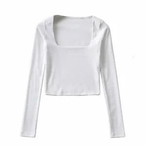Women Ribbed Square Neck Crop Top With Long Sleeve