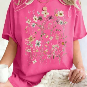 Beautiful Flower Clusters Printing Woman T-Shirt Summer Oversized Short Sleeve O-Neck Cotton T Shirts Y2K Women Sports Tops