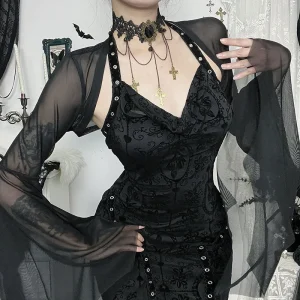 Halloween Gothic Mesh Smock Women Vintage Streetwear Witch See Through Bat Sleeve Crop Blouse Sexy Cosplay Clothes Femme