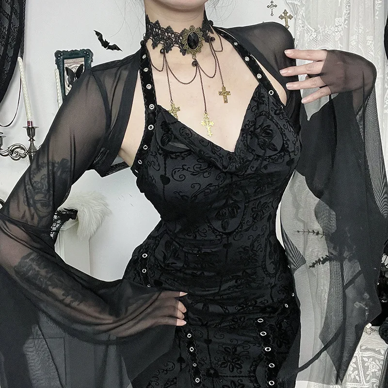 Halloween Gothic Mesh Smock Women Vintage Streetwear Witch See Through Bat Sleeve Crop Blouse Sexy Cosplay Clothes Femme - Image 2