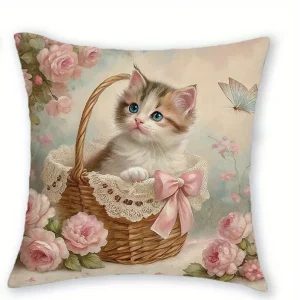 Adorable Kitten-Printed Pillowcases with Pink Bows and Floral Patterns Sofa cushion cover home room decoration 2D flat printing