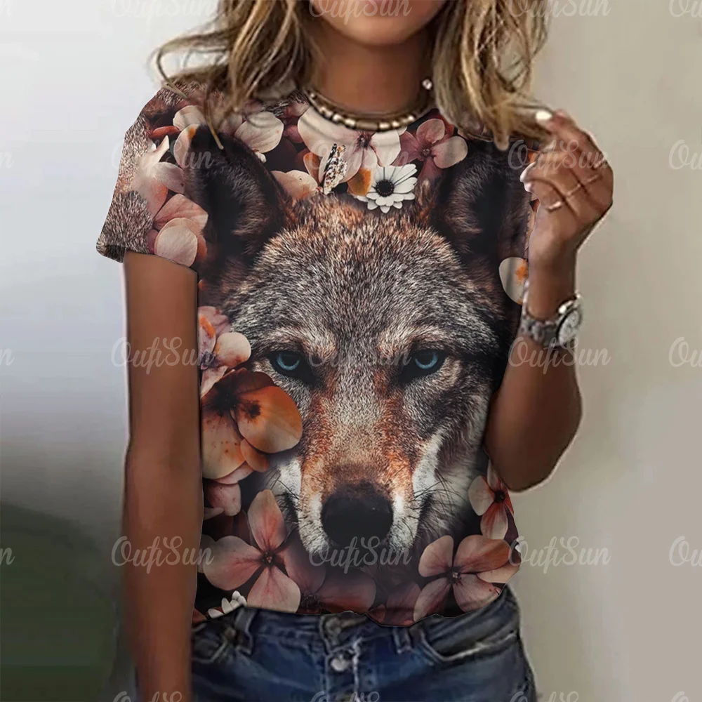 New T-shirt For Women Wolf Print Tees O Neck Loose Short Sleeve Blouse Female Fashion Animal Graphic Tops Harajuku Streetwear - الصورة 21