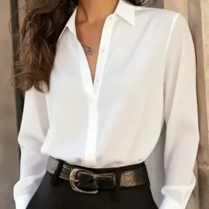 Women's  Long Sleeve Button Down Blouse - Elegant Office Chic Top with Classic Collar & Versatile Style