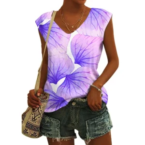 Women's Basic T-shirts Blue Flower Printed Breathable V Neck Cap Sleeves Tank Tops Vintage Summer Beach Loose Fit Tees Tops