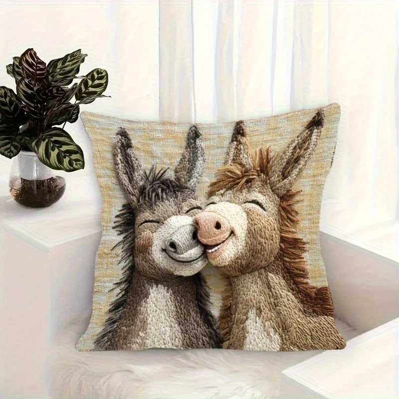 Plush Donkey Pillow Cover - Cute cartoon donkey design, soft beige background, home decor, wedding, office (pillow not included) - Image 5