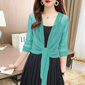 Women's Sparkling Lace-Up Cardigan Summer Sheer Cover Up Lightweight Loose Blouse Half Sleeve Beachwear Casual Glitter Jacket