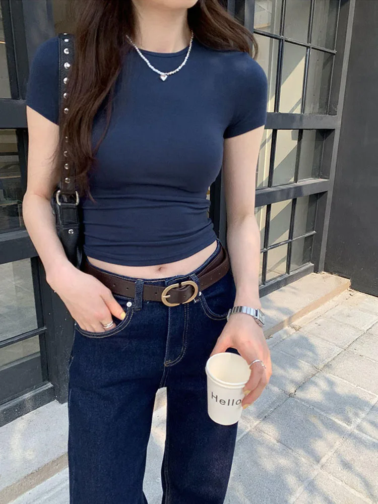 Basic Solid Crop Top Short Sleeve Crewneck Skinny T-shirt Summer Casual Tee for Women y2k Vintage Top Harajuku Streetwear - الصورة 5