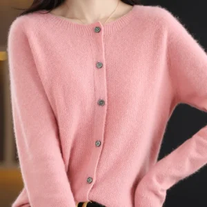 Aliselect Autumn Winter Women 100% Merino Wool Sweater O-Neck Tops Long Sleeve Basic Cashmere Knitwear Cardigan Clothing Coat