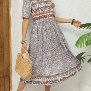 2024 Europe and America autumn ladies round neck short sleeve long skirt Bohemian print dress woman