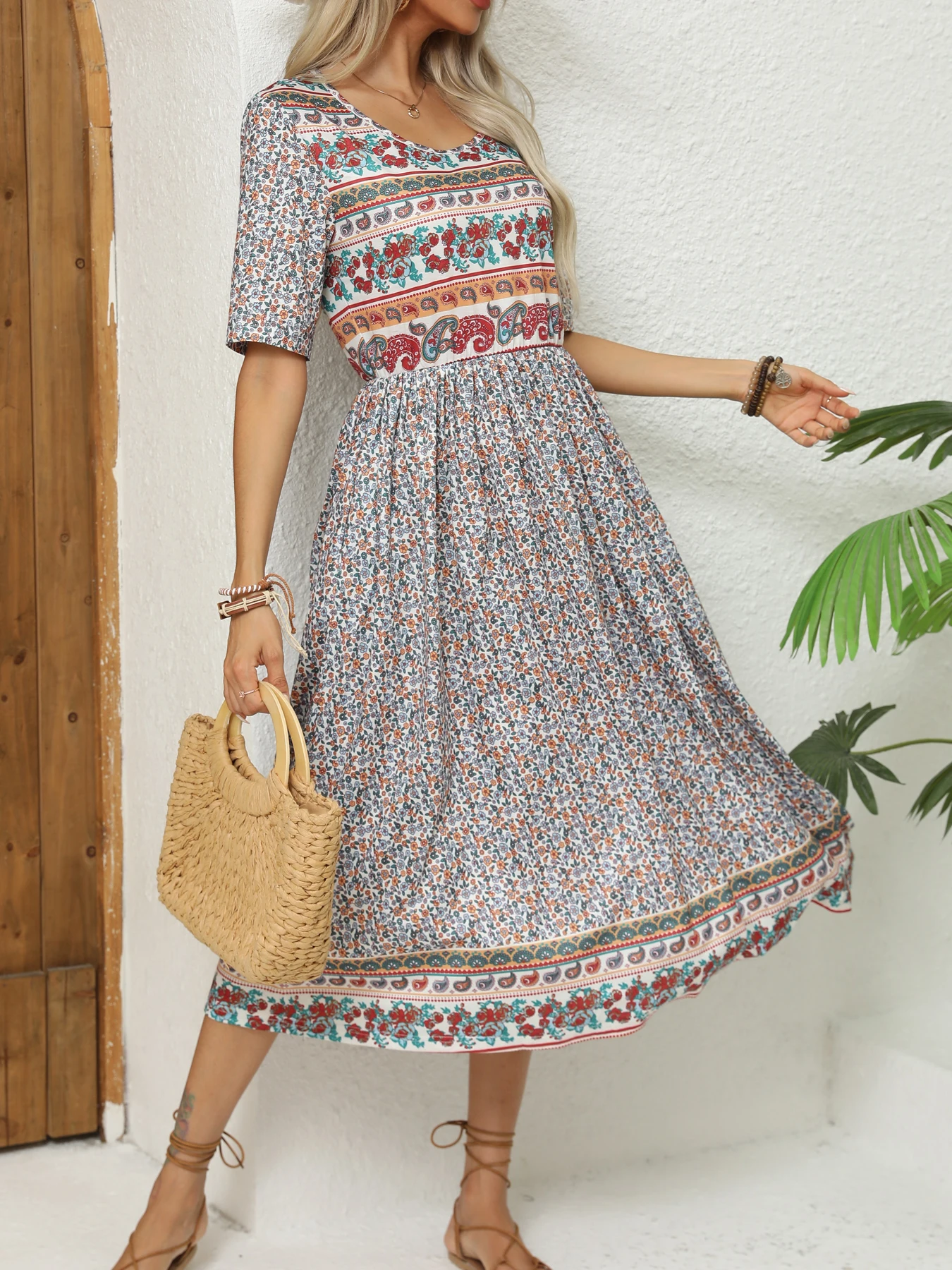 2024 Europe and America autumn ladies round neck short sleeve long skirt Bohemian print dress woman - Image 8