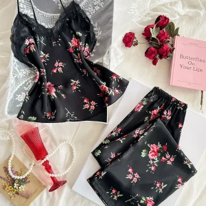 Women 2 Piece Set Elegant And Romantic Printed V Neck Lace Top And Pants Comfortable And Breathable Women's Clothing