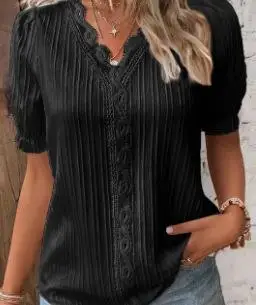 Elegant Women Blouse Shirt V Neck Lace Patchwork Short Sleeve Shirts For Women Summer Lady Tops - الصورة 7