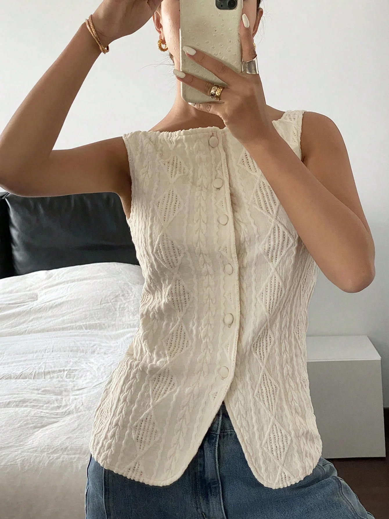 Women's summer sleeveless geometric texture single breasted casual shirt - الصورة 6