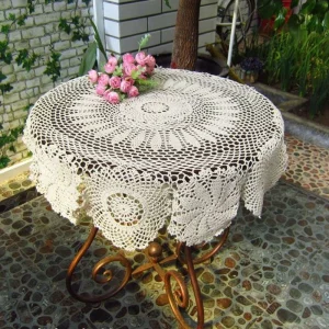 Round Crochet Table Cloth Handmade Lace Tablecloth Vintage Hand Tablecloth Crochet White Beige Color
