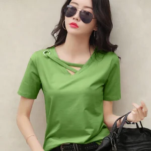 Sexy V-neck Solid Design Short Sleeve Tops Korean Casual Trendy Top Women New 2024 Summer Popular T Shirt for Women