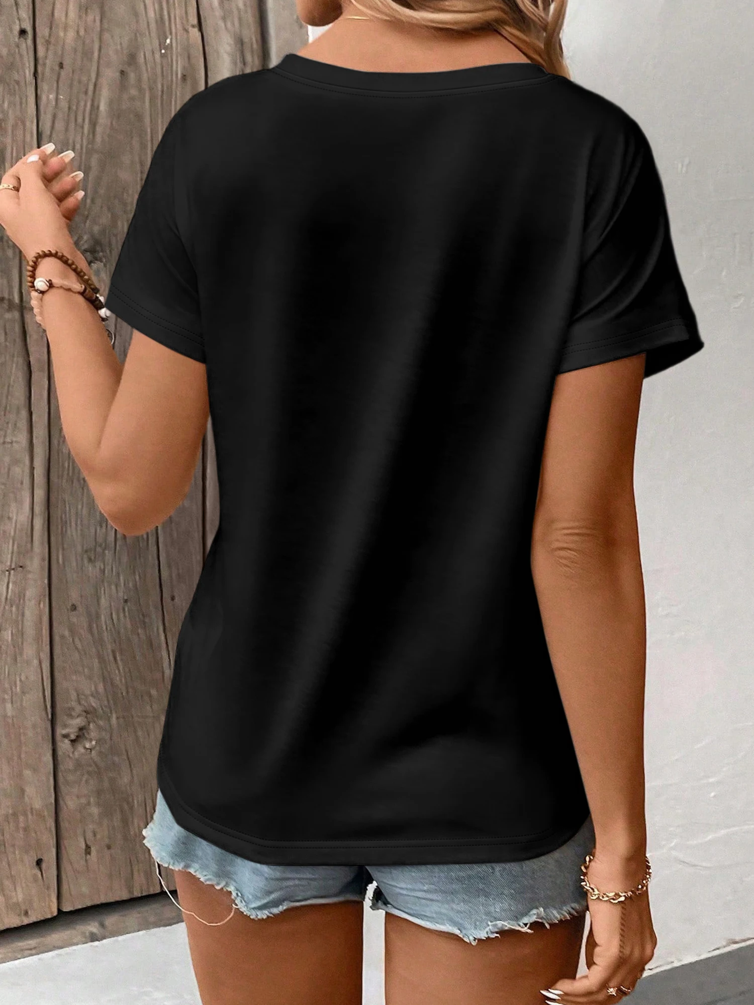 Women's Solid Color V-Neck T-Shirt - Oversized Short-Sleeve, Curved Hem, Soft Fabric, Available in Black, Gray & Navy - Image 5