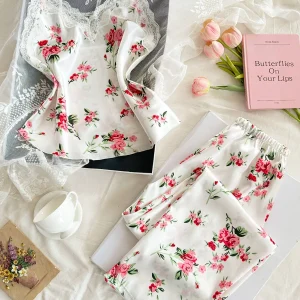 Women 2 Piece Set Elegant And Romantic Printed V Neck Lace Top And Pants Comfortable And Breathable Women's Clothing