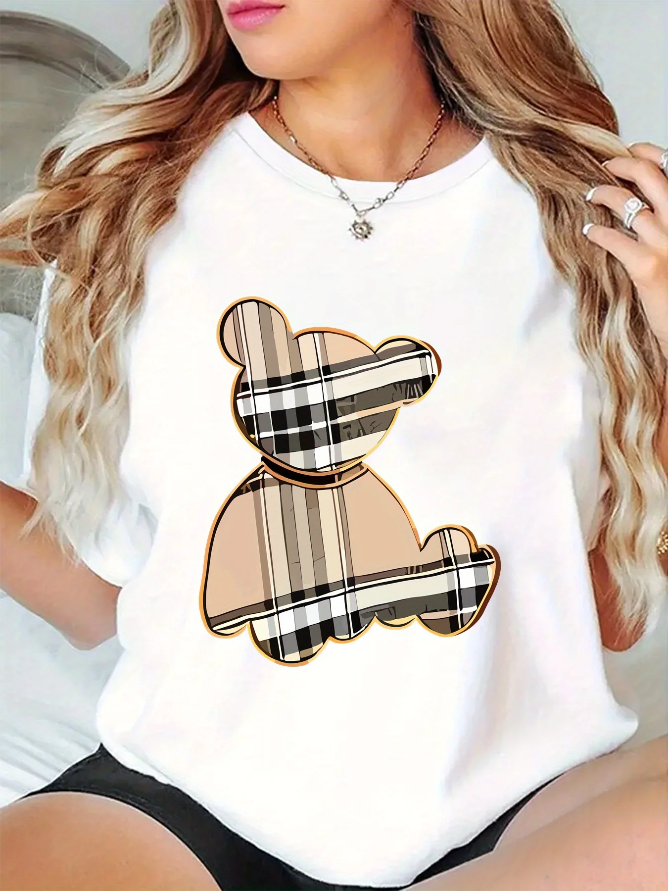 Women's Sporty Casual Striped Bear Print T-Shirt - Breathable Moisture-Wicking Lightweight Soft Round Neck Short Sleeve Top - Image 2