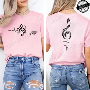 Musical Notes Printed T-Shirt for Women,Heartbeat Music Graphic Tee Shirts Clothes,Aesthetic Women's Tee T-Shirts Musician Gift