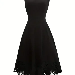 Minimalist Black Fit-and-Flare Dress Square Neck Sleeveless Laser Cut Lace Hem Casual Wedding Guest Dress
