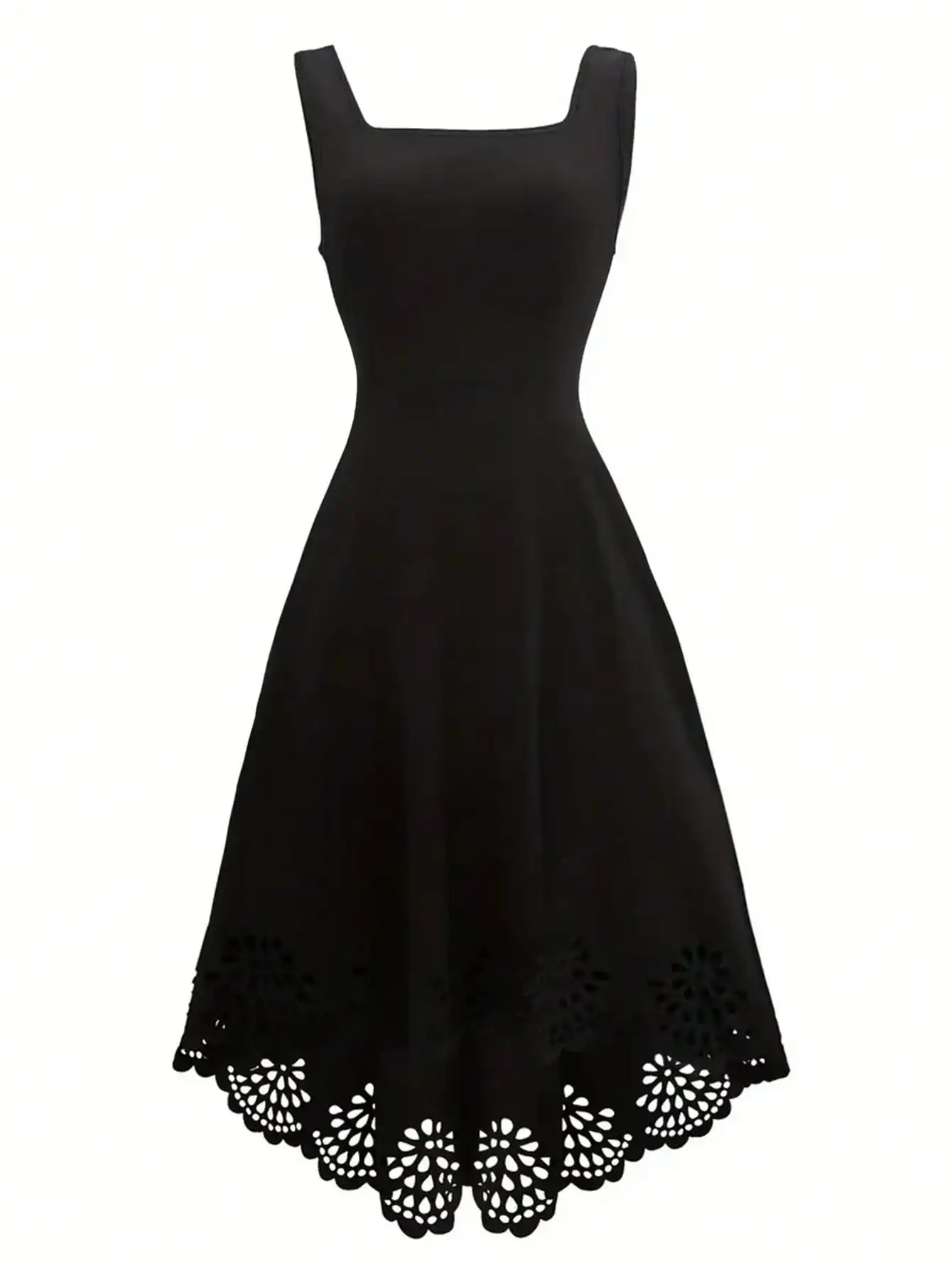 Minimalist Black Fit-and-Flare Dress Square Neck Sleeveless Laser Cut Lace Hem Casual Wedding Guest Dress - الصورة 5