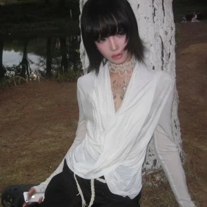 Karrram Japanese Y2k Cross Tops Trashy 2000s Style V-neck Long Sleeve T-shirt Vintage Harajuku White Irregular Tops American 90s