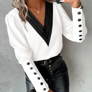 Office Ladies V-neck Button Shirt Blouse Spring Autumn Fashion Color Matching Long Sleeve Shirts For Women 2024 White Tops Femme