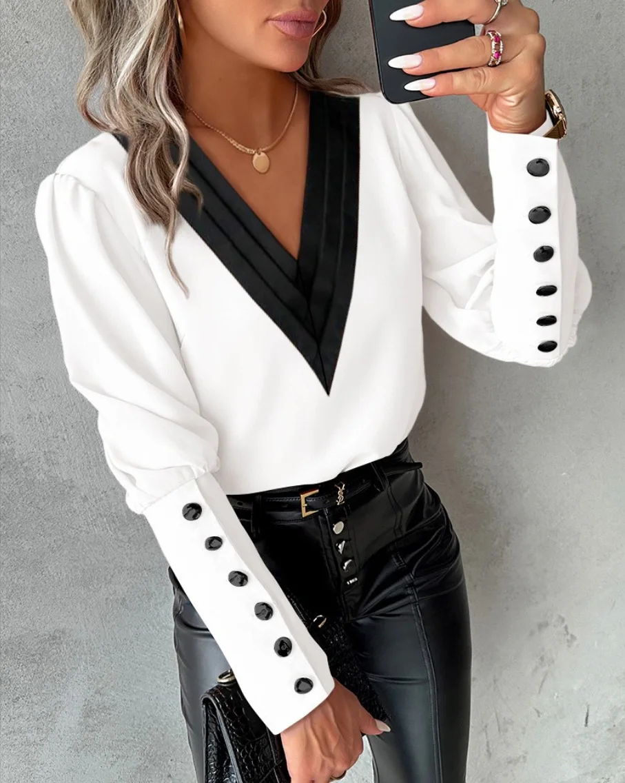 Office Ladies V-neck Button Shirt Blouse Spring Autumn Fashion Color Matching Long Sleeve Shirts For Women 2024 White Tops Femme - الصورة 2