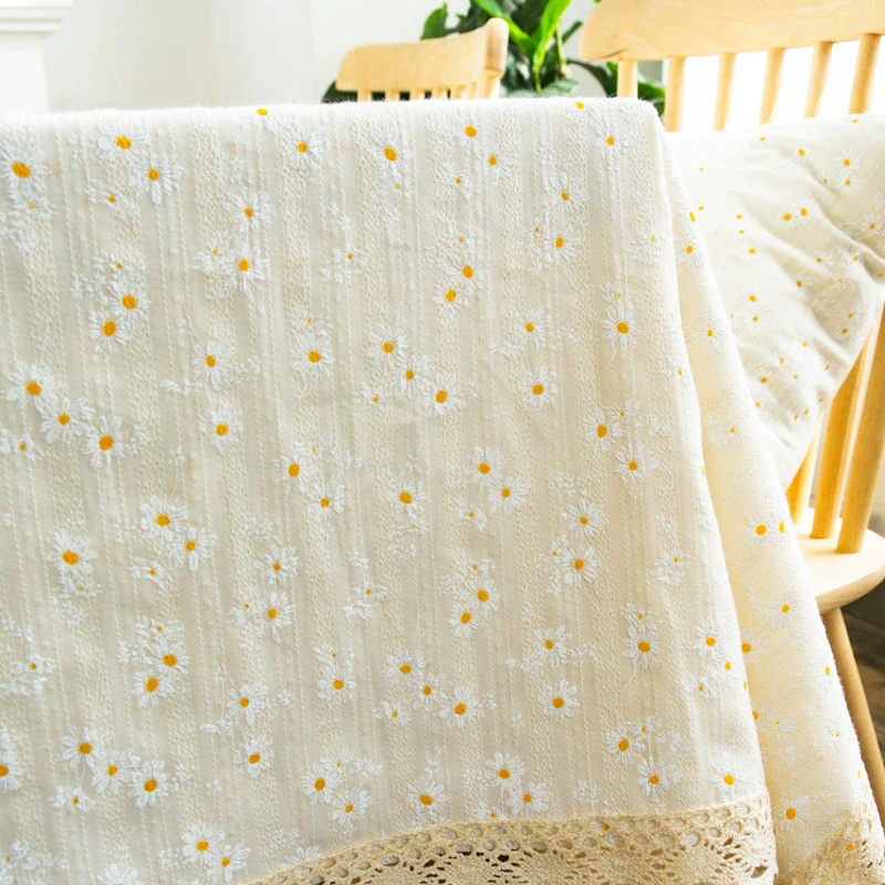 Beige Daisy Lace Tassels Cotton Tablecloth Rectangle Table Cover for Tea Table Decorations Kitchen Living Room Wedding Party Use - الصورة 3