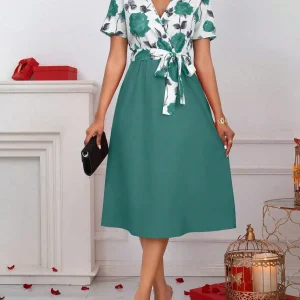 Women's Floral Print V-Neck Tie Waist Midi Dress - Rose Patchwork A-Line Short Sleeve Dress for Casual, Vacation & Wedding Guest