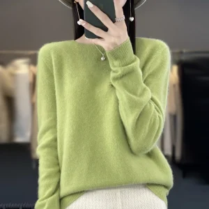 100% Merino solid color sweater ladies autumn and winter new solid color O-neck long sleeve warm fashion loose knit sweater