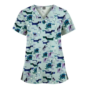 Wholesale Polyester Spandex Uniforms Beautiful Hospital Scrubs Tops Women Nurse Printed Scrub Top Healthcare Nursing Scrub Shirt