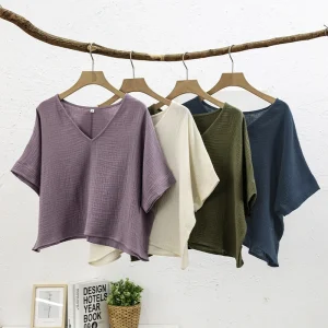 Muslin 100% Cotton Short Sleeve Tee Sexy V-Neck Oversized T-Shirt Streetwear Top Shirts And Blouse Lady Pulovers Camisetas