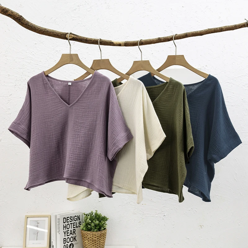 Muslin 100% Cotton Short Sleeve Tee Sexy V-Neck Oversized T-Shirt Streetwear Top Shirts And Blouse Lady Pulovers Camisetas - الصورة 3