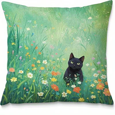 Home Decor Black Cats in Floral and Scenic Scenes Pattern Cushion Cover Suitable for Sofa Bedroom Car Pillow Cover - الصورة 5