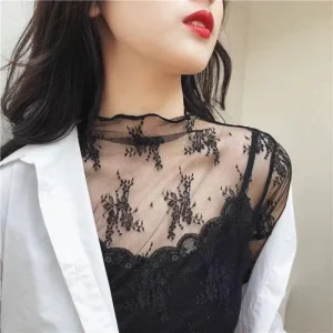 Women Half High Collar Lace Bottomed Blouse Spring And Autumn  Hollow Mesh Top Sexy Western-style Long Sleeve T-shirt Crop Top