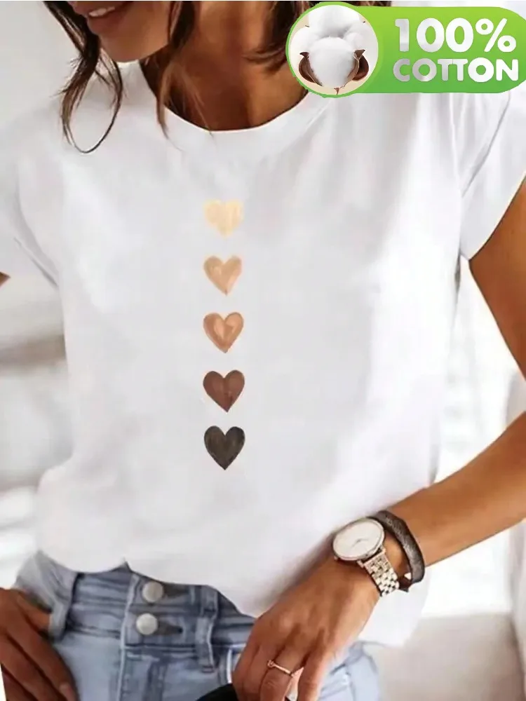 100% Cotton T SHIRT Heart Print Letter Print Women's Fashion T-Shirt Casual Crew Neck Summer Top Tee Grunge - الصورة 2