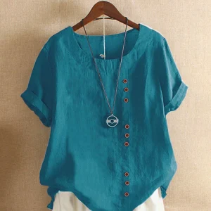 Vintage Harajuku Button T Shirt Casual Summer Short Sleeve Cotton Linen Solid Loose Blouse Elegant Oversize Tee Shirt Streetwear