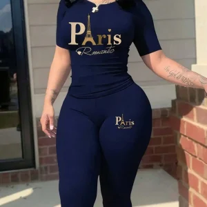 2026 women's new Paris printed two-piece set, casual short sleeved round neck T-shirt and tight pants long pants set