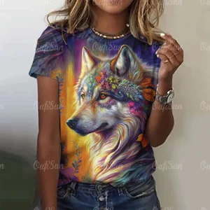 New T-shirt For Women Wolf Print Tees O Neck Loose Short Sleeve Blouse Female Fashion Animal Graphic Tops Harajuku Streetwear
