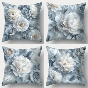 Floral Pillowcase: White & Gray Blooms ,Sofa bedroom cushion cover, single-sided printing, without pillow core
