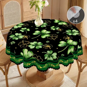 1 Piece of Clover Green Round Tablecloth, 5 Sizes Available, St. Patrick's Day Clover Pattern Printed Tablecloth, Edge Embossing Process, Spring Garden Tablecloth Decoration, Tablecloth for Daily Home Kitchen, Terrace, St.Holiday Decoration, Spring Decoration